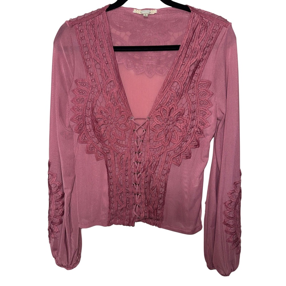 Gimmicks by BKE Lace Up Plunging Neck Long Sleeve Sheer Mesh Top Women's Medium